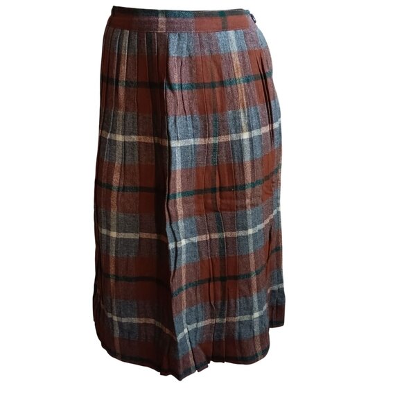 27W Medium Vintage Skirt 50's MCM Plaid Wool Pleated With Zip & Button Closure - Picture 1 of 7
